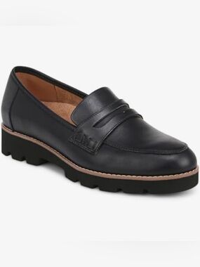 Vionic Black Leather Lug-Sole Penny Loafers